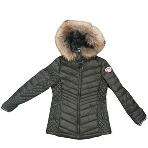 Pajar Canada Down Puffer Parka Coat Real Fur Hood Olive Green Quilted Womens XL